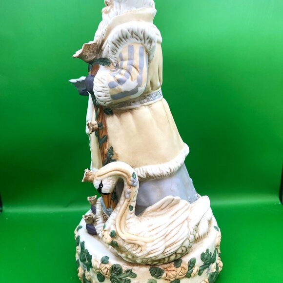 VTG Ceramic Old World Father Christmas Music Box Figurine Flowers Swan Holiday - Picture 2 of 16